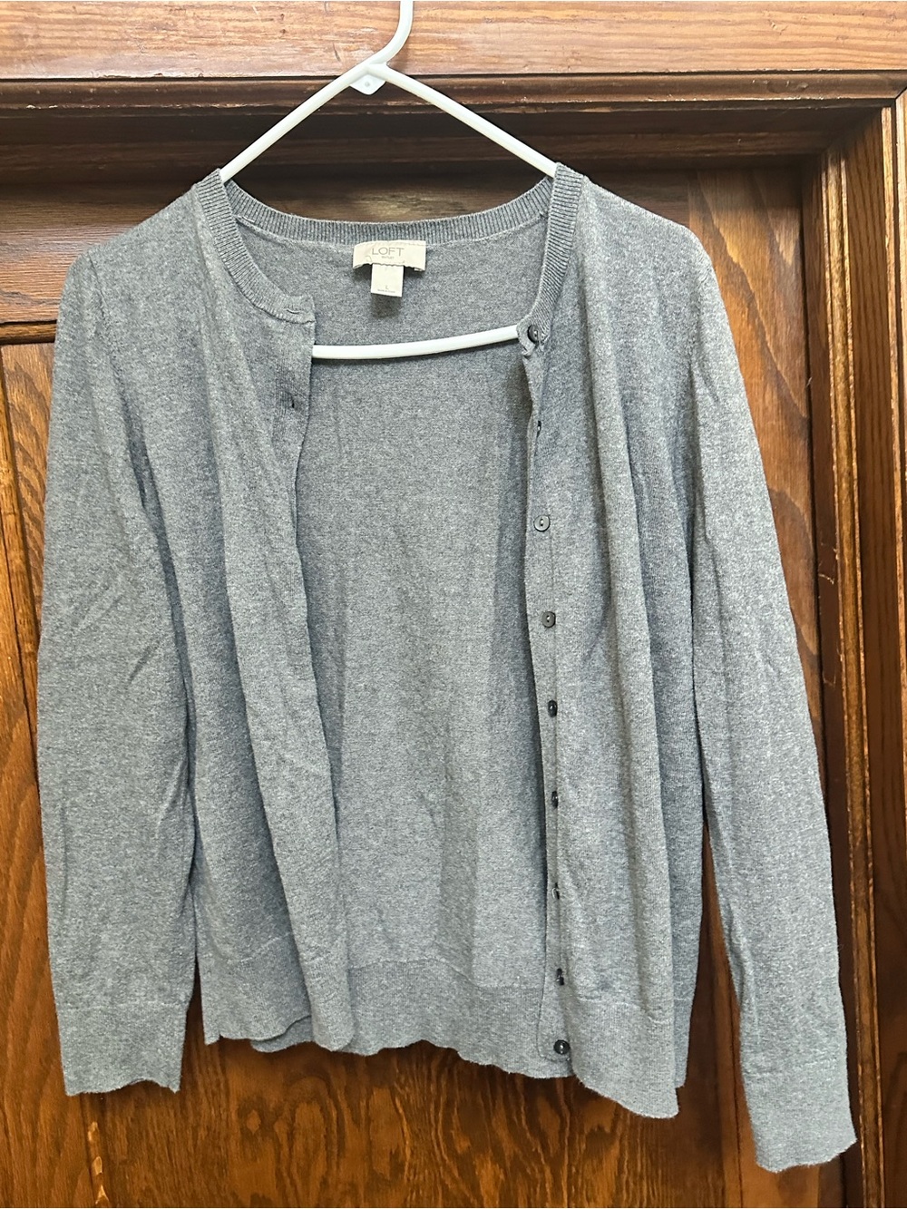 LOFT Light Gray Crewneck Button-Front Cardigan